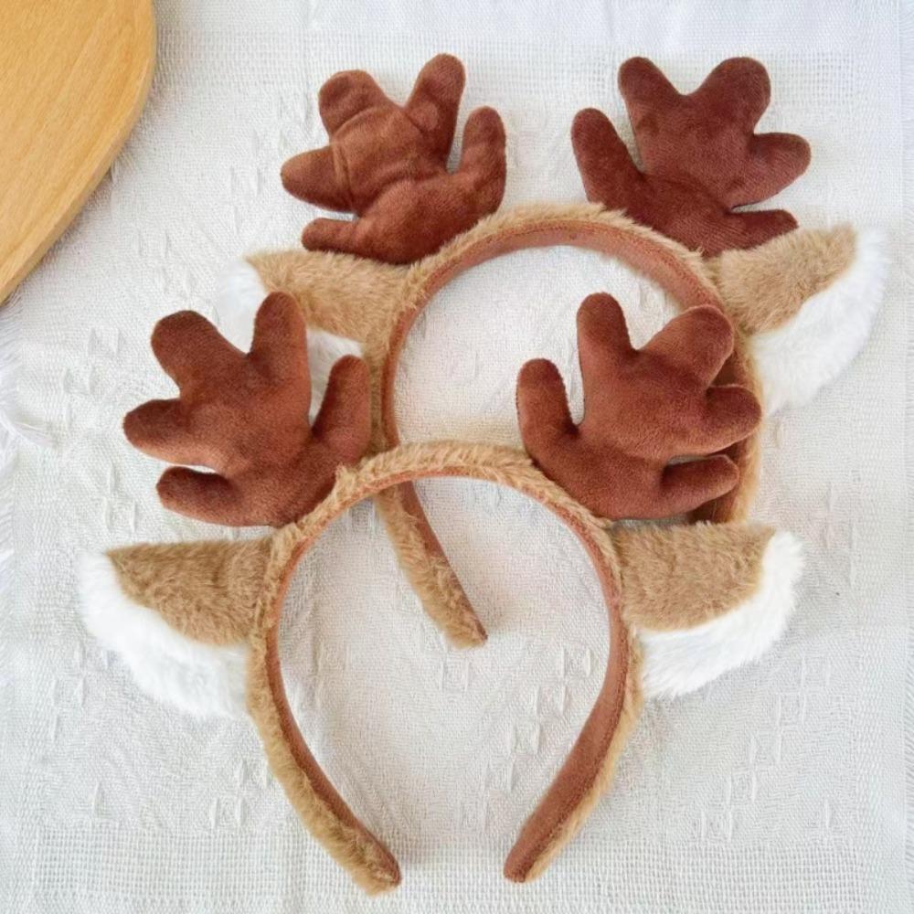 Plush Christmas Reindeer Antlers Hairband Brown Headband Universal Hair Hoop Gift