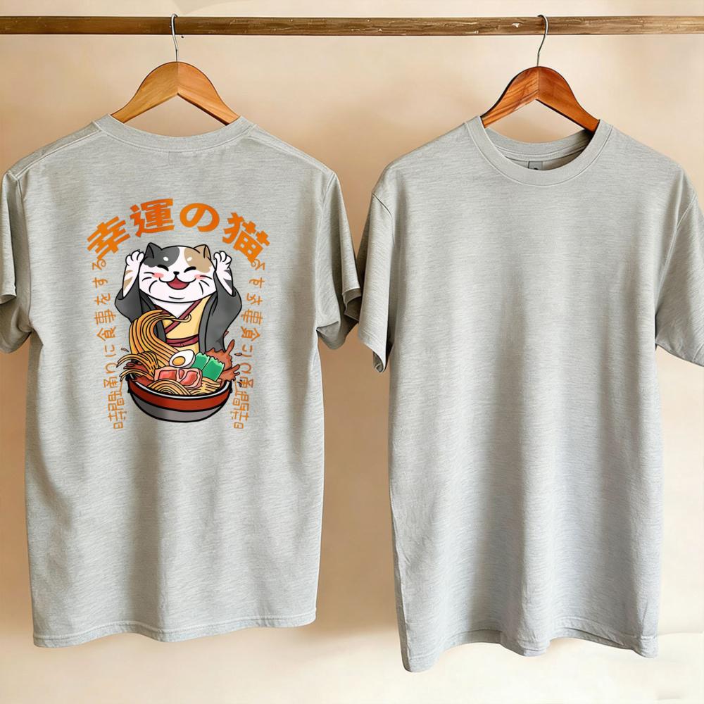 Unisex Lucky Cat Good Fortune Japanese Kanji RaUnisex Bowl Graphic TShirt Vintage Ukiyoe Style Happy Tri Color Cat Cotton Casual Top