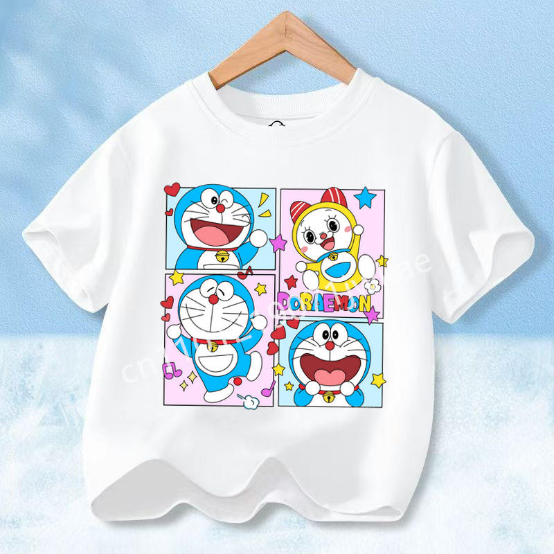 Doraemon Colorful T-shirt Printed Short-sleeved Outdoor Simple Comfortable Pullover Tops Summer Clothes Casuals Round Neck Shirt