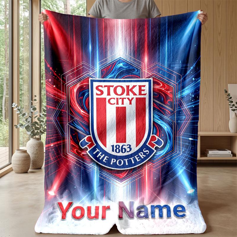 Stoke City FC Custom Name Text Flannel Blanket Soccer Logo Personalized Fleece Throw Blanket Special Gift For Sofa Bedroom Home