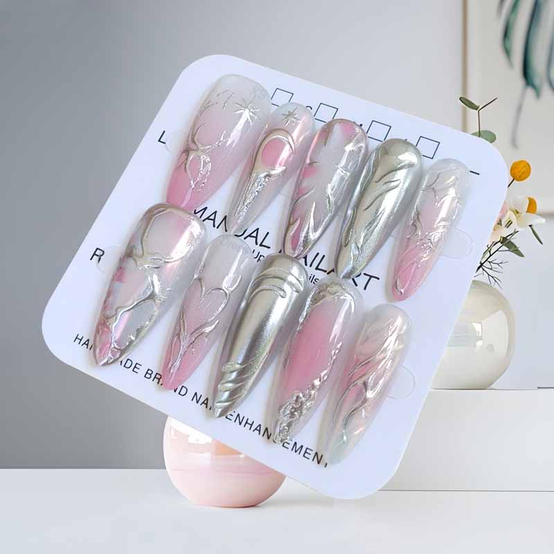 10 Pcs French Pink Silver Gradient Long Almond Gilded 3D Powder Blush Simple Press On Nails