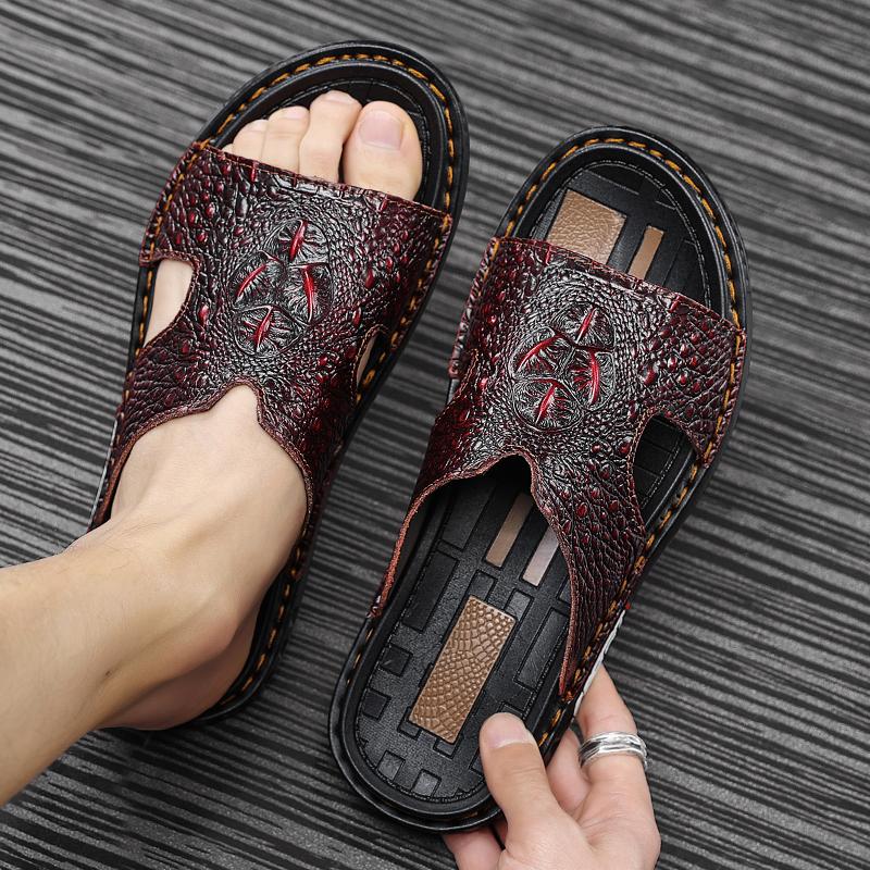 Genuine Leather Men Slippers Handmade Flip Flops Crocodile Grain Style Summer Men Casual Shoes Non-slip Outdoor Men Beach Shoes