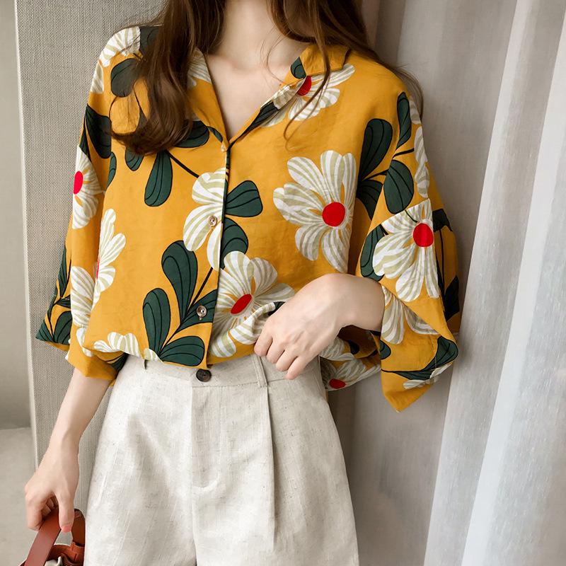1116 autumn new Han Fan thin yellow printed chiffon shirt top women's five-quarter sleeve floral sunscreen shirt