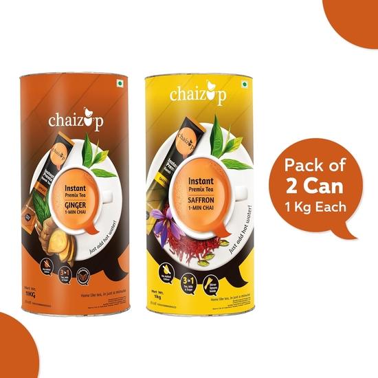 Чай Chaizup Premium 1 Min Instant Assorted Tea Pack - 1 кг банки (Упаковка из 2 шт.) | Ароматизаторы шафрана и имбиря | Приблизительно. 144 порции | 2 кг