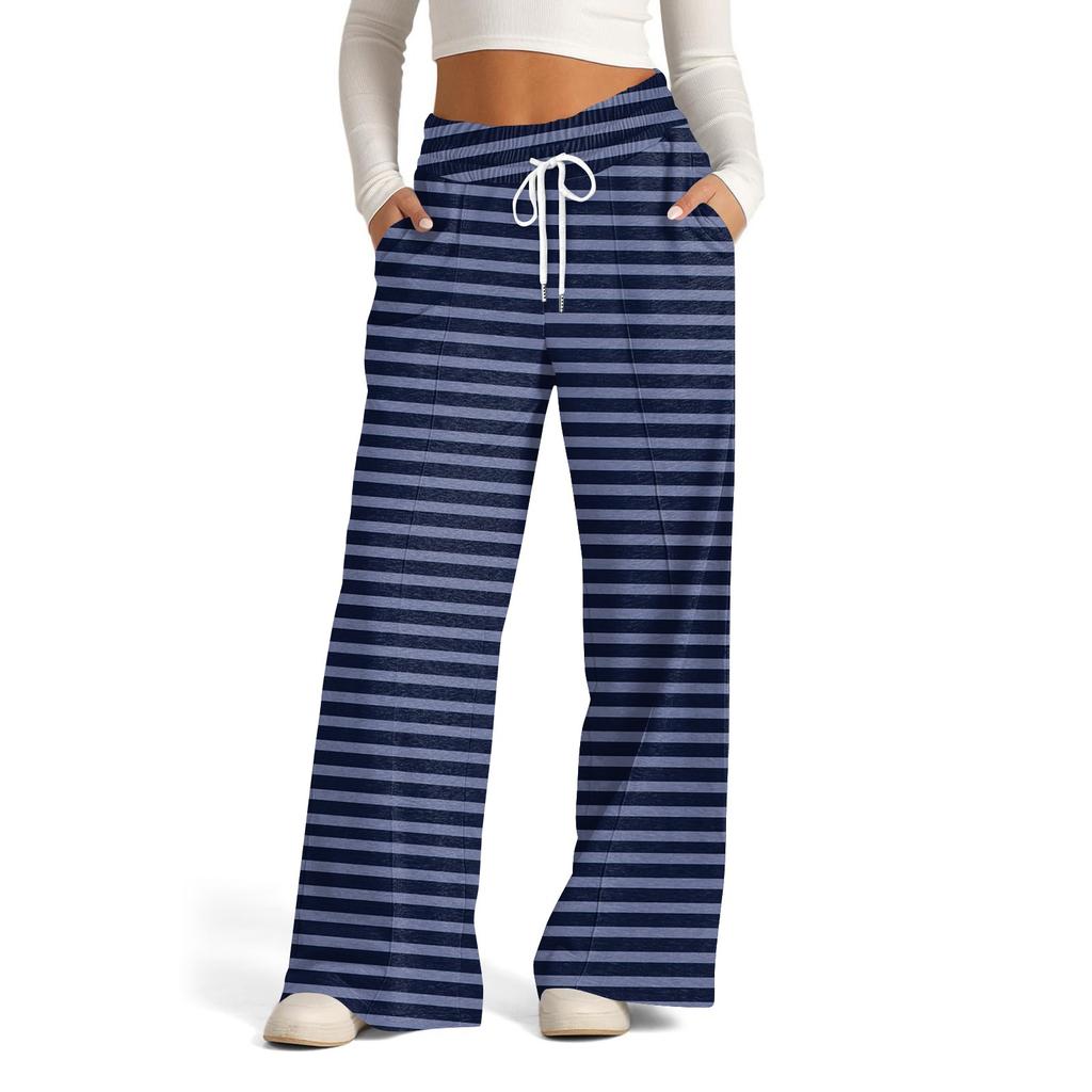 Women's Wide Leg Casual Pants High Waist Striped Sports Pants