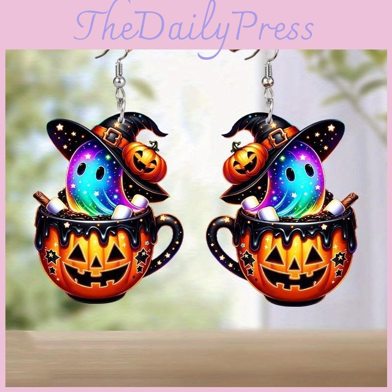 Colorful Halloween Themed Cartoon Ghost Pumpkin Pattern Women Earrings Acrylic