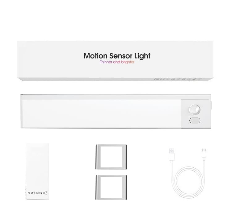 Перезаряжаемый светодиодный светильник-планка 60 см с датчиком движения, бесступенчатой регулировкой яркости, 3 настройками цветовой температуры, подсветкой для шкафа, ультратонким дизайном, магнитным креплением, без