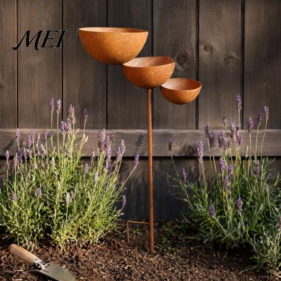 Three-level Waterfall Bird Feeder 3 Tiered Cascading Rain Catcher Bath, Metal Garden Stake Water Iron Bowl Feeder, Outdoor Pollinator Watering Station