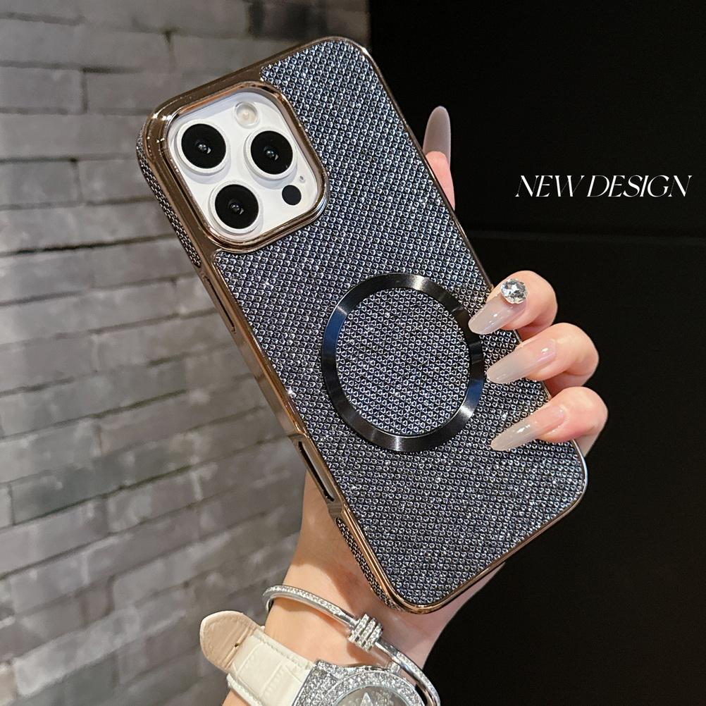 Shiny Rhinestone Glitter Plated Border Magnetic Ring Case for iPhone 16 Pro Max 15 Plus 14 + 13 Pro 12 11 Lens Protection Cover