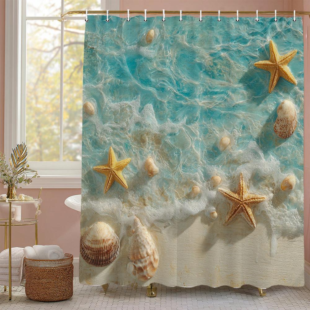Ocean Beach Scenery Shell Starfish Waves Shower Curtain, Bathroom Decorative Shower Curtain, Printing Shower Curtain With Hooks