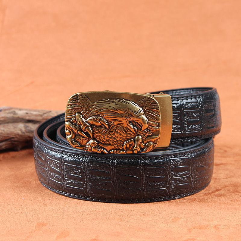 Men's Leather Belt with Automatic Buckle, Genuine Leather, Bronze Buckle, Faucet for Middle-aged and Young Business Casual Pants