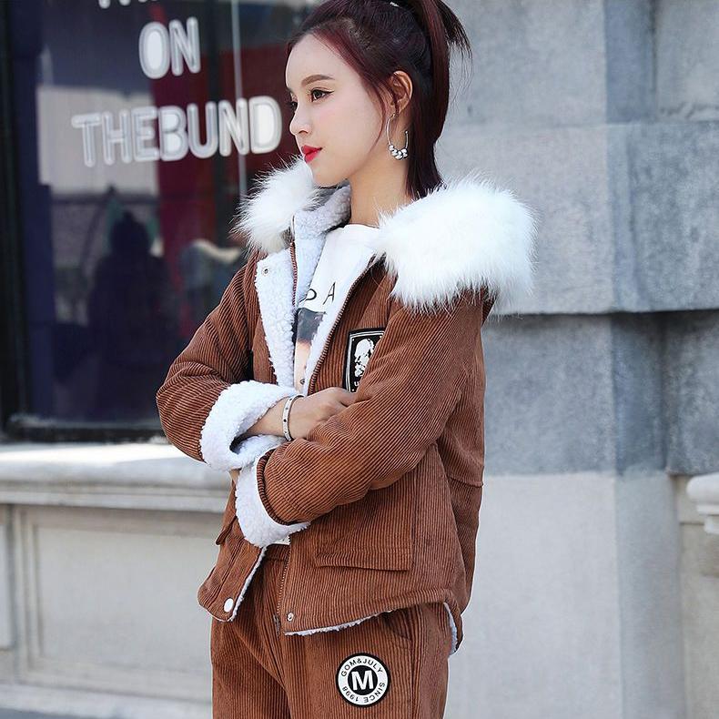 Женский зимний костюм, осенняя студенческая вельветовая куртка из овечьей шерсти, бархатный утолщенный повседневный комплект из двух предметов с капюшоном, пальто