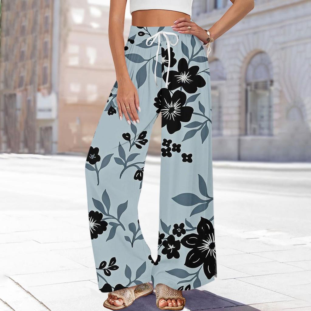 Женские брюки с принтом и широкими штанинами, с карманами, с высокой талией, на кулиске, свободные, повседневные