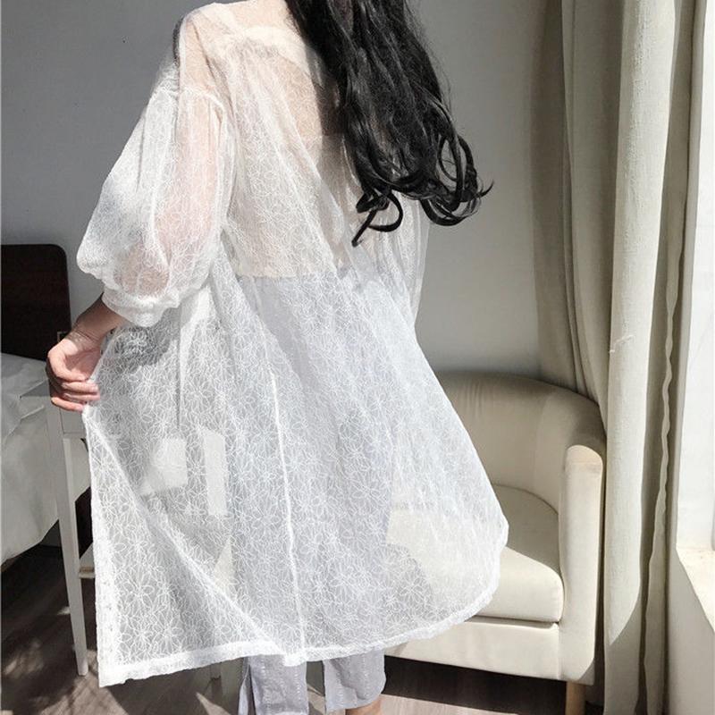 Женская шифоновая накидка большого размера, летний кардиган с длинными рукавами, модная ретро-полая солнцезащитная рубашка, тонкая куртка средней длины, кружевные топы