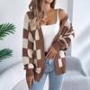 GMXIA Autumn and Winter Color-blocking Checkered Lantern Sleeve Cardigan Sweater Mid-length Coat Women's Wear