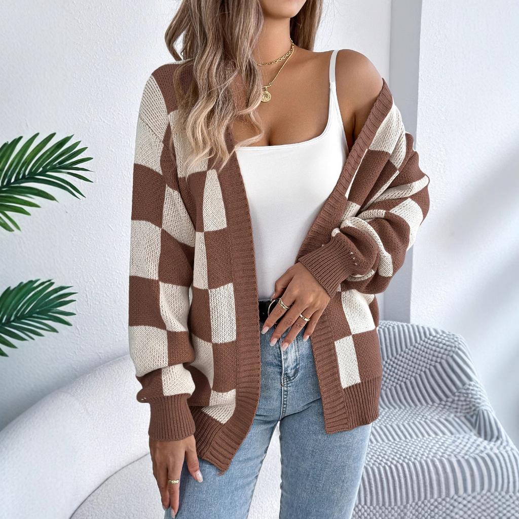 GMXIA Autumn and Winter Color-blocking Checkered Lantern Sleeve Cardigan Sweater Mid-length Coat Women's Wear