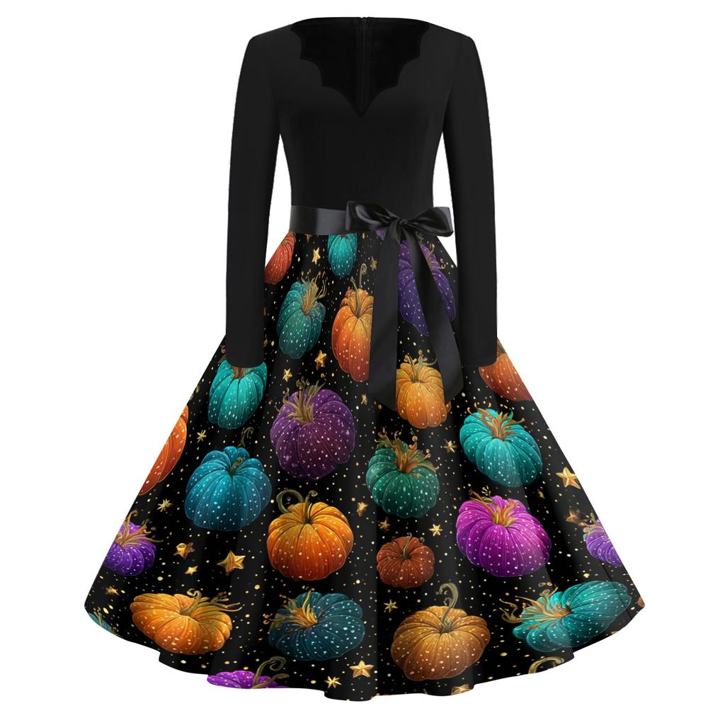 Women's Vintage Halloween Print V Neck Dress Long Sleeve Retro Fit and Flare Dress with Waist Tie Belt Casual Party Dress