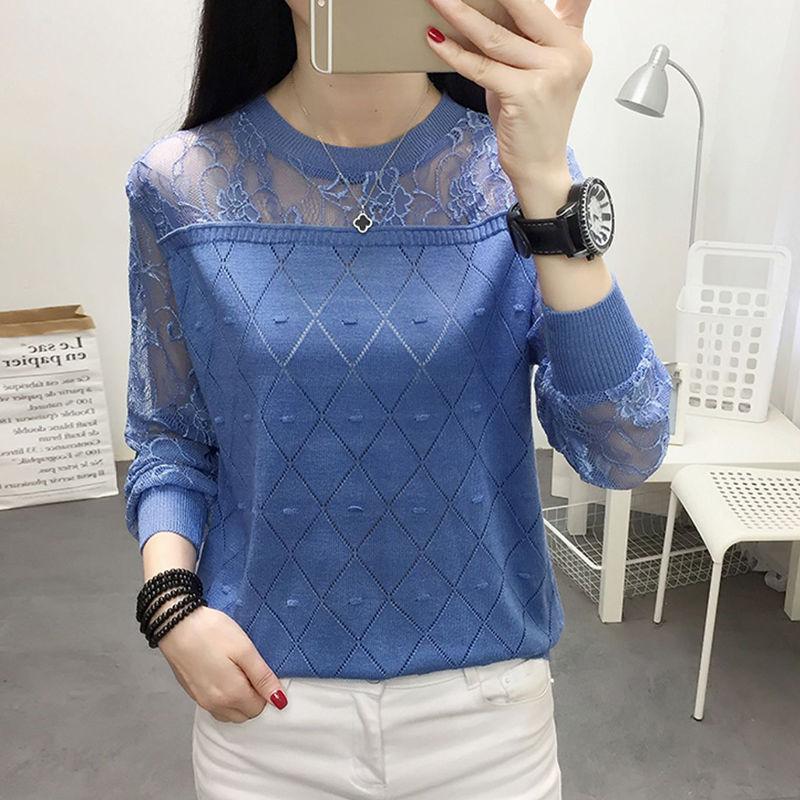 Кружевная основа рубашки женская футболка с длинным рукавом свободный и универсальный весенний трикотаж женский тонкий топ