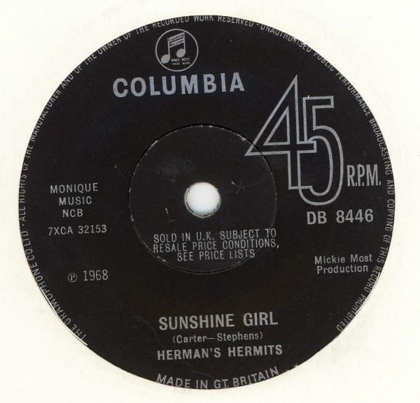 7-дюймовая пластинка HERMAN'S HERMITS - Sunshine Girl DB8446 Columbia 1968 UK Рок Б/У