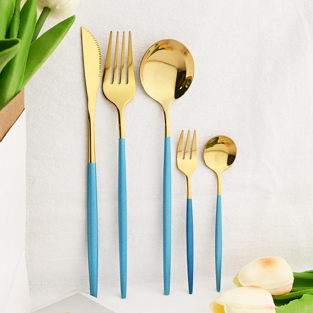 6People Gold Cutlery Set Mirror Stainless Steel Dinnerware Set Knife Cake Fork Tea Spoon Silverware Flatware Party Western Kitchen Tableware
