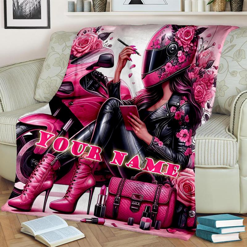 1PC Custom Name Pink Motorcycle Fashion flannel blanket versatile,all-season throw suitable for the living room,bedroom,camping,travel,and gift