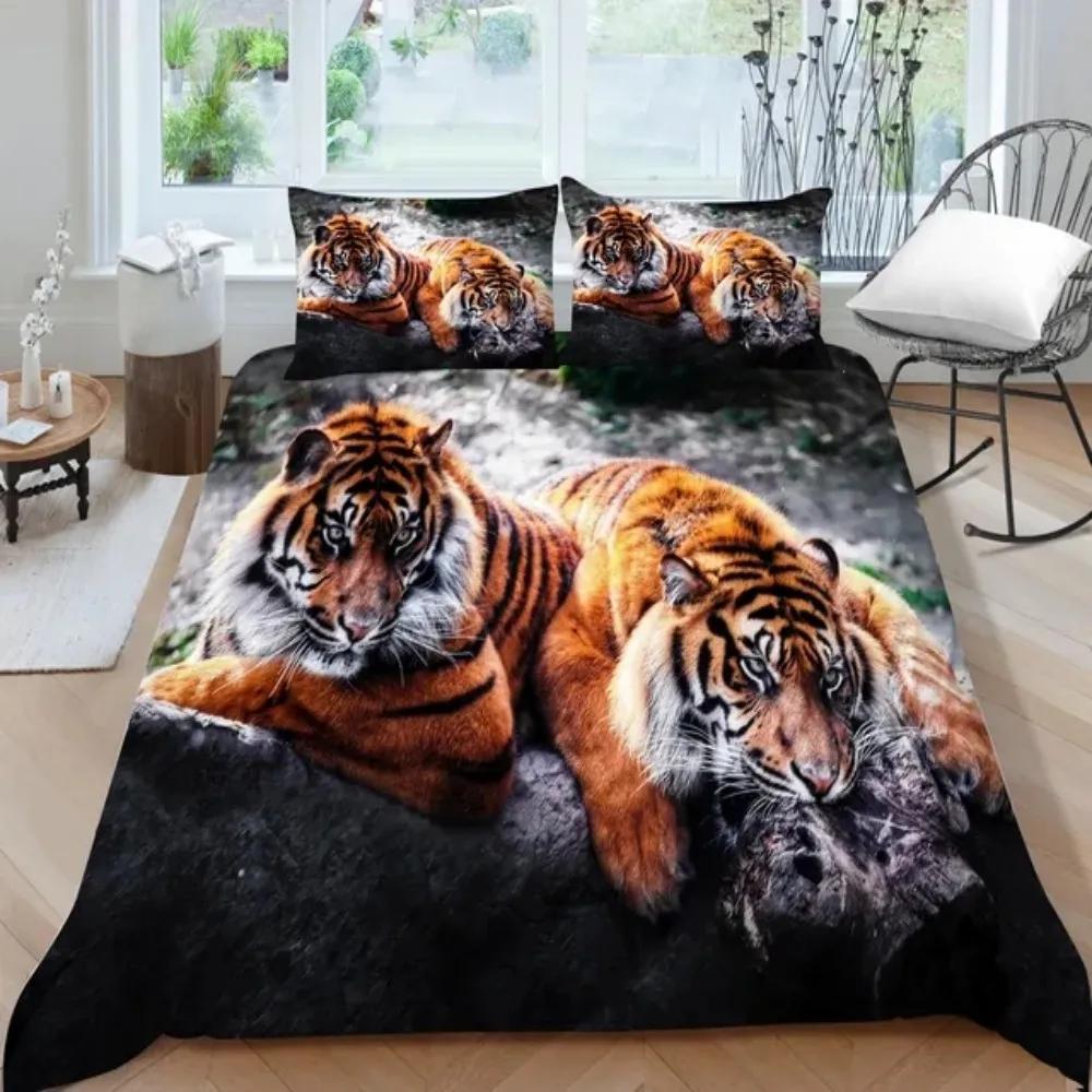 3D Animal Tigers Bedding Set 2/3PCS Soft Microfiber Queen King Twin Size Duvet Cover Set with Pillowcases Teens Boys Bed Linen