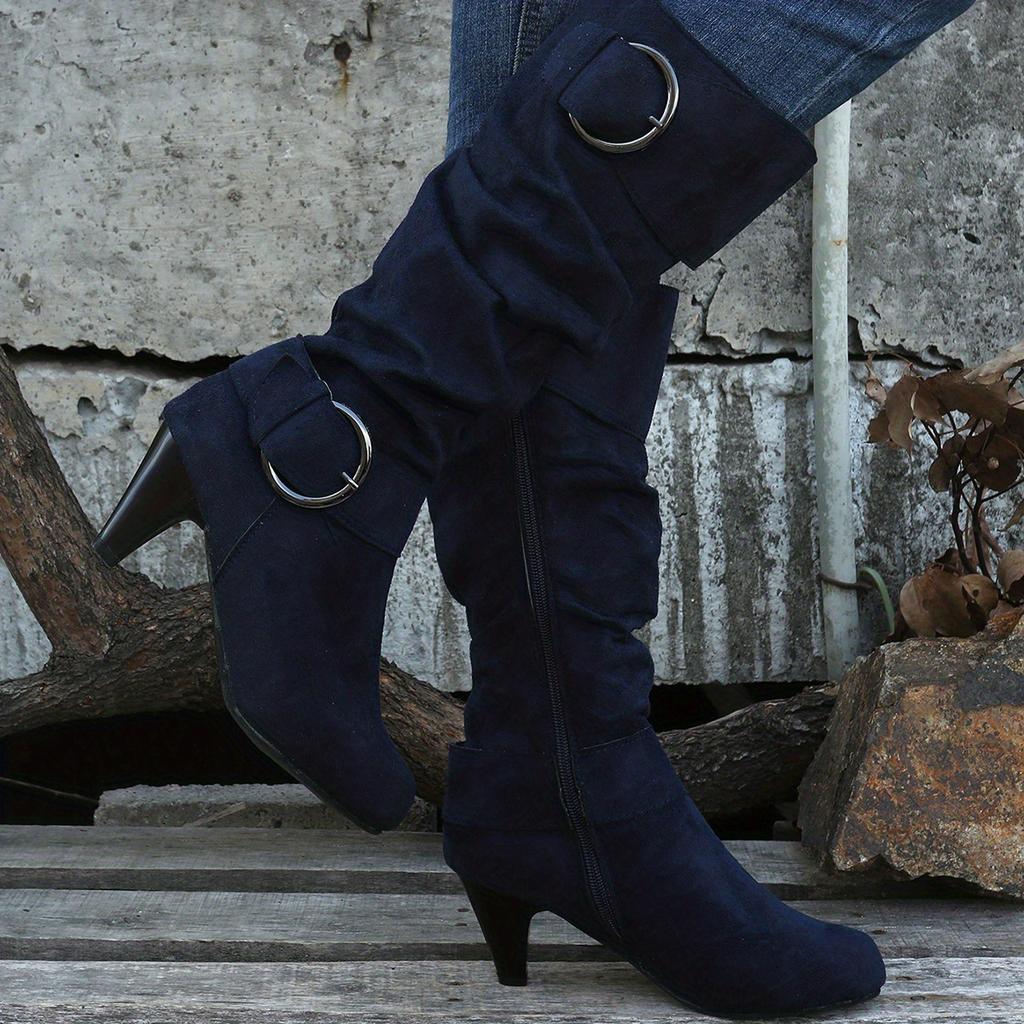 Women's Slouch Knee High Boots, Buckle Strap Side Zipper High Heeled Boots, Comfortable Suedette Long Boots