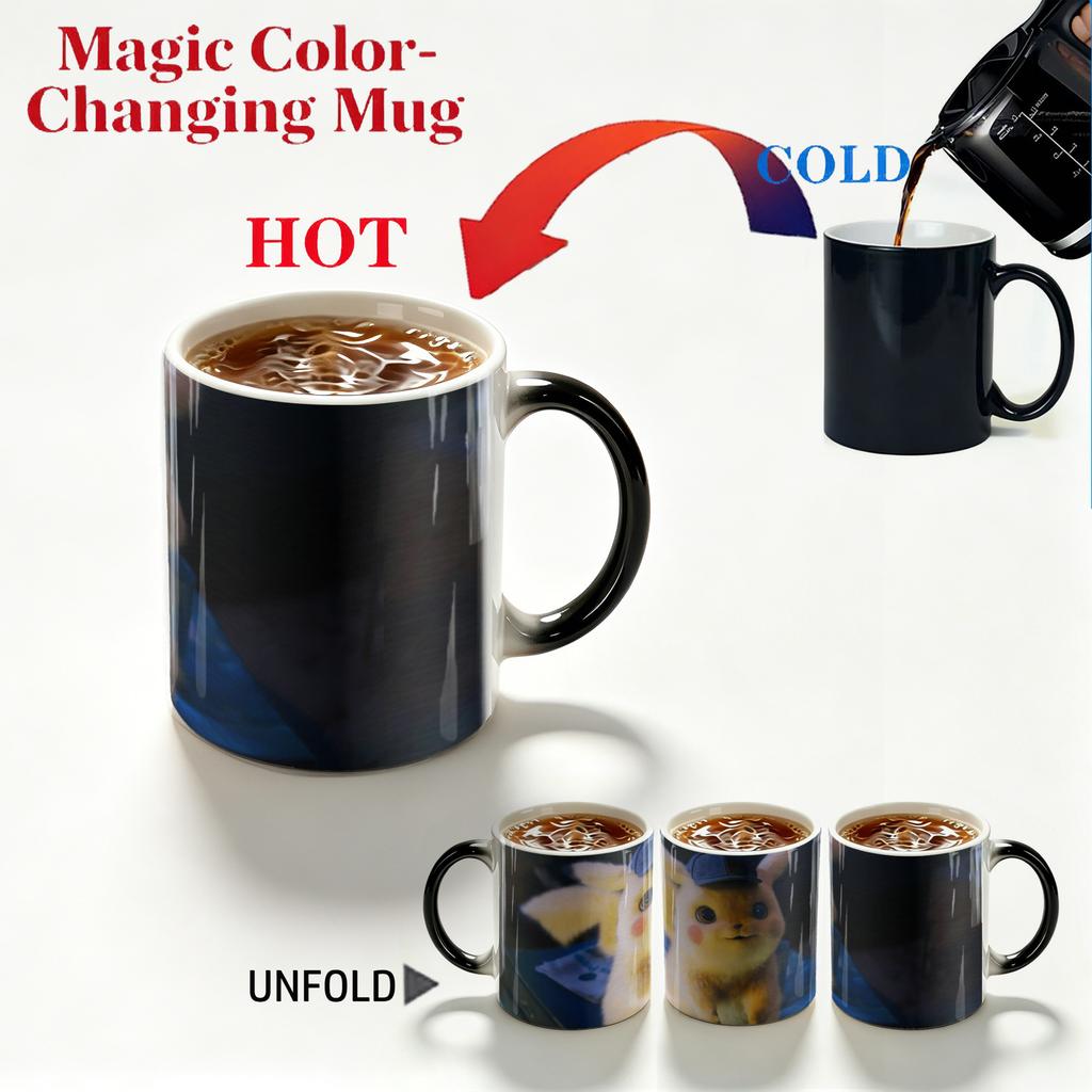 Detective Pikachu Heat Changing Mug – Creative Ceramic Coffee Cup, Color Reveal with Hot Liquid