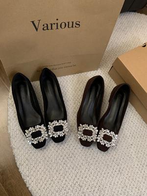 Французские туфли-лодочки с толстым каблуком, темпераментные, женская обувь 2025 новая осень и зима, черные, с ощущением стразов, вечерние, для работы