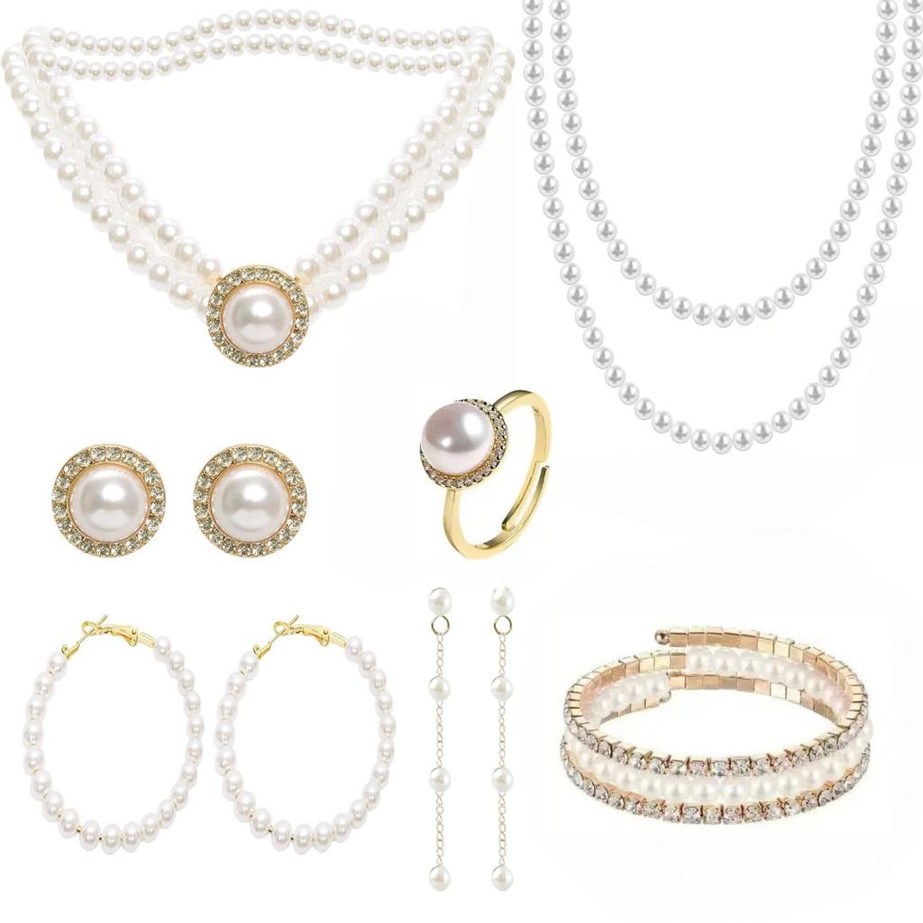 European and American fashion jewelry accessories, retro high-end diamond necklace earrings, French creative pearl necklace set