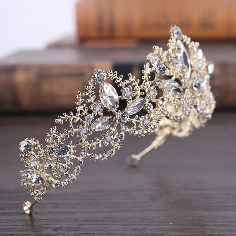 Hot Fashion Baroque Luxury Crystal AB Bridal Crown Tiara Light Gold Color Diadem Tiaras for Women Bride Wedding Hair Accessories