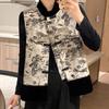 Button Vest Women's Vest Autumn and Winter New Stand-up Collar Retro Ink Flower Coat