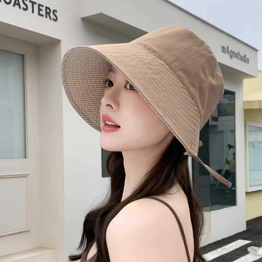 Female spring and summer outdoor sunscreen hat plaid double-sided bucket hat big head circumference big brim showing face small bucket hat