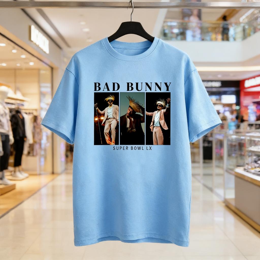 Bad Bunny Графические футболки Super Bowl С коротким рукавом Хлопковая футболка 2026 Мужская Женская Хлопок Новая Футболка Женская С принтом Уличная одежда