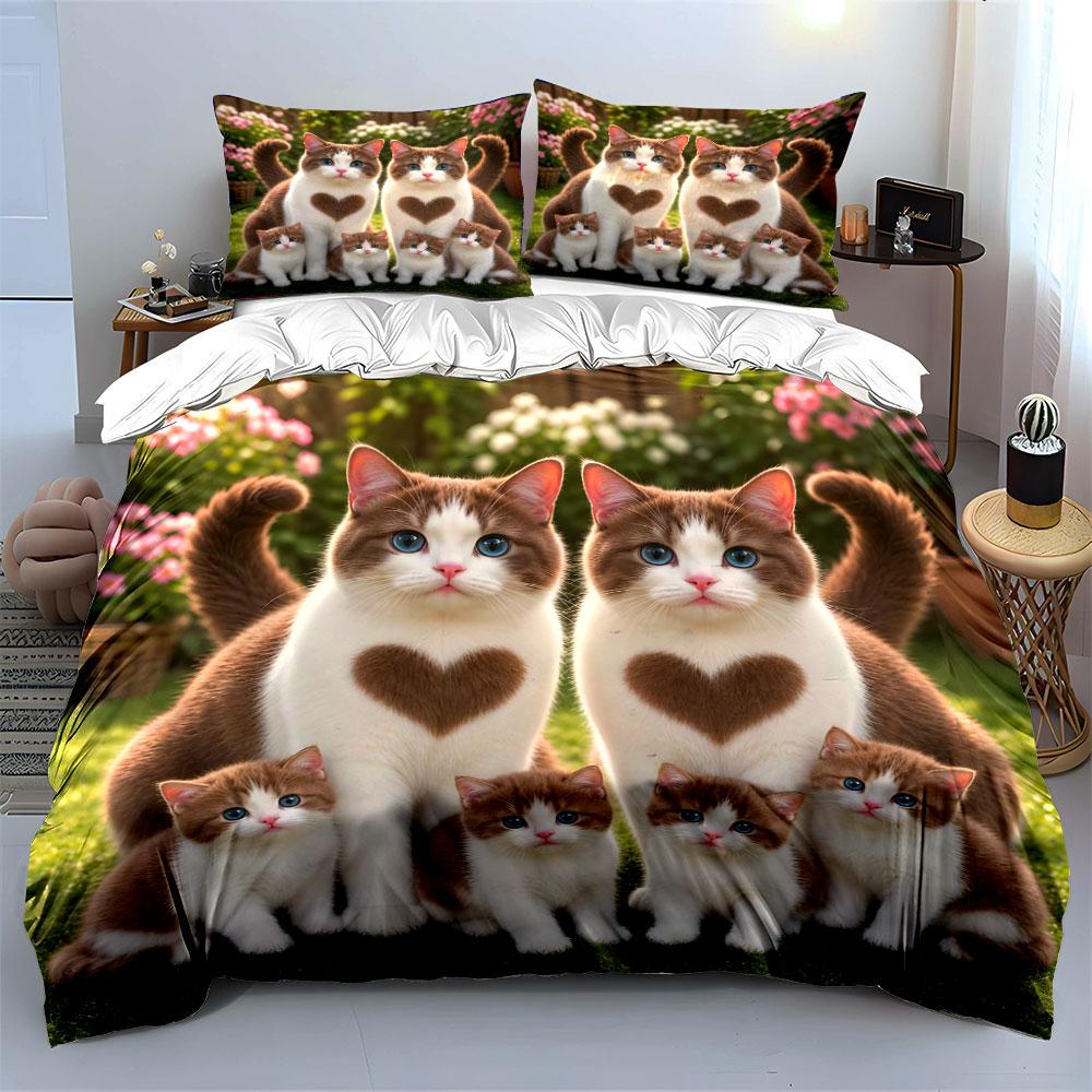 Heart Pattern Cat Family Print Bedding Duvet Cover Set (1*Duvet Cover 2*Pillowcases, without duvet insert)