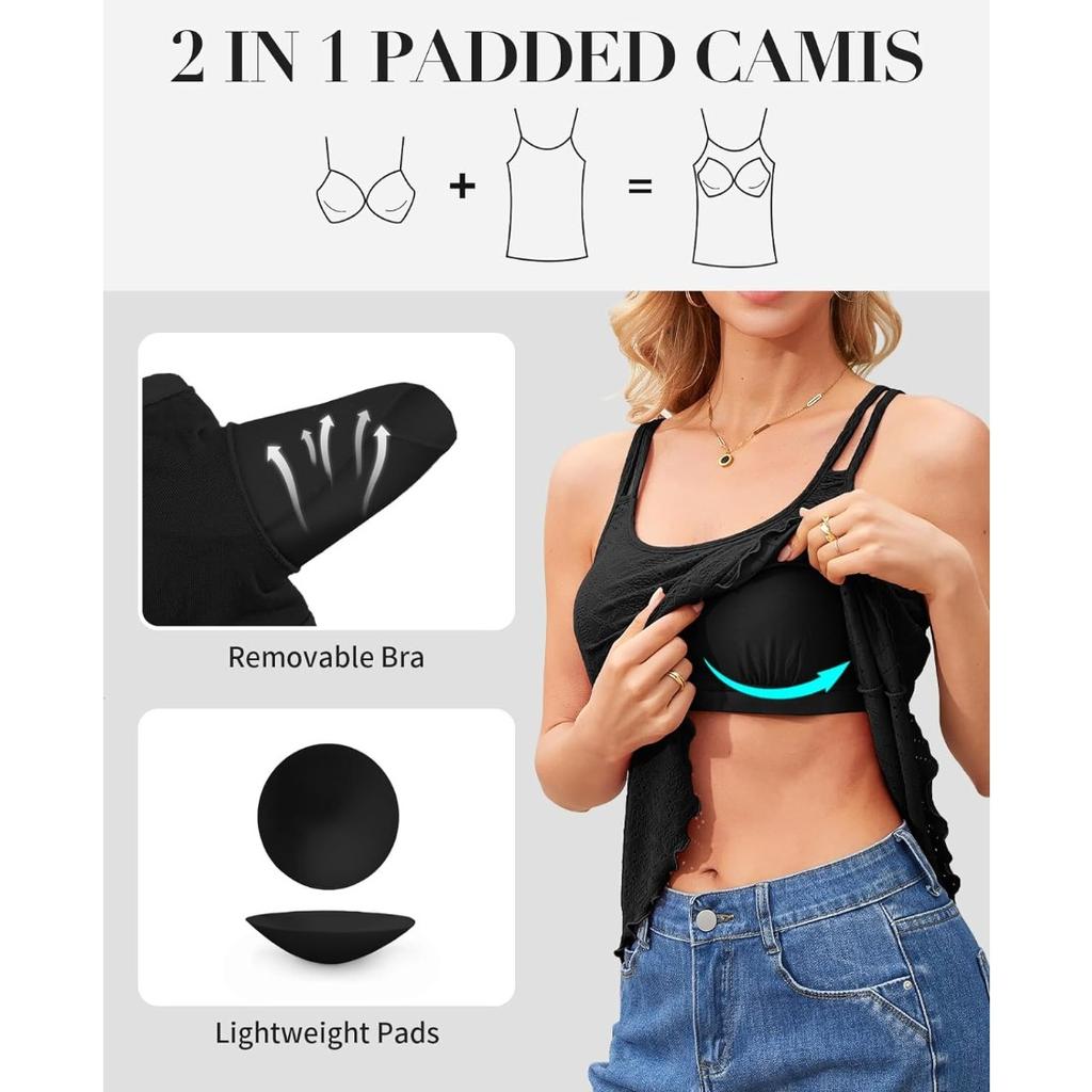 CHARMLEAKS Женские майки со встроенным бюстгальтером, бретельки с струящимися люверсами и вышивкой, регулируемые рубашки на тонких бретелях, рубашки S-3XL