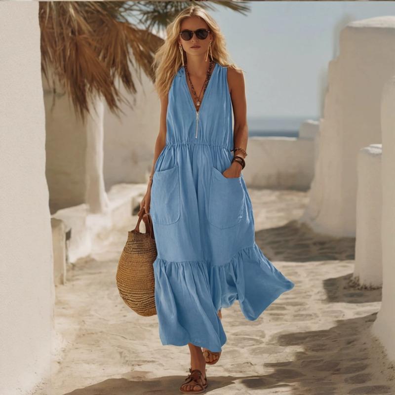 V Neck Sleeveless A Line Long Dress With Pockets Vintage Beach Vacation