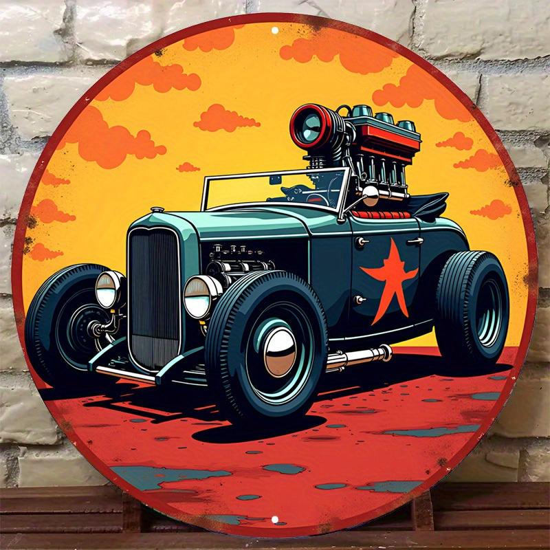 pc Vintage Blue Car Round Aluminum Wall Decor Sign Retro Metal Tin Art for Home Garage Cafe