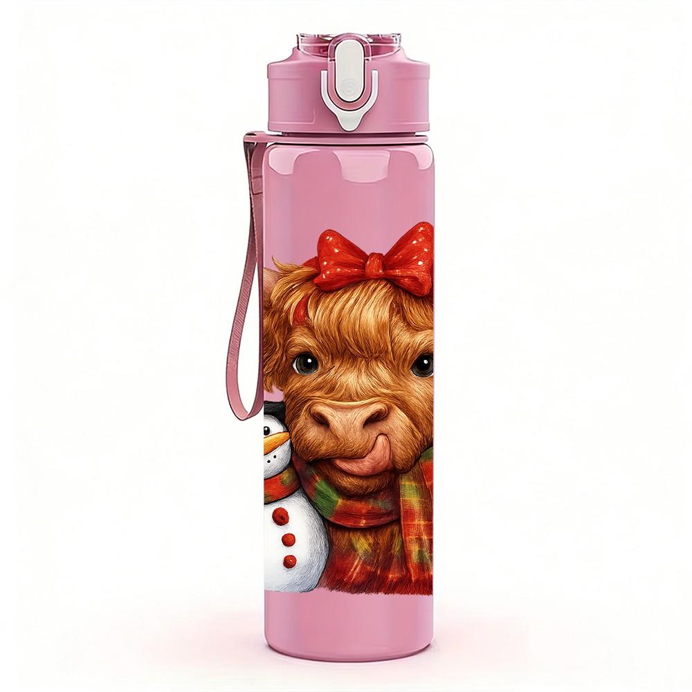 1PC Highland Cow Bow Farm Animal Pattern 750ml Color Plastic Sports Water Bottle Leakproof Flip Straw Lid Suitable for Sports Office Home Use
