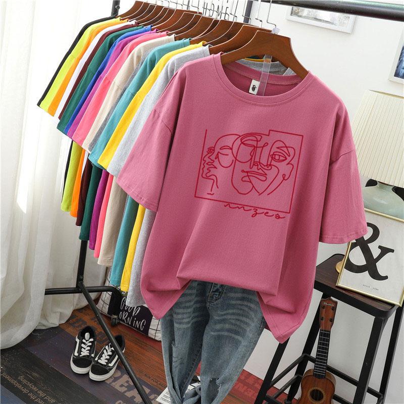 Hirsionsan Fashion Abstract Line Printed T Shirt Women Funny Graphic Soft Loose Female Tees Cotton Summer Casual Tops Khaki Tshirts 2021