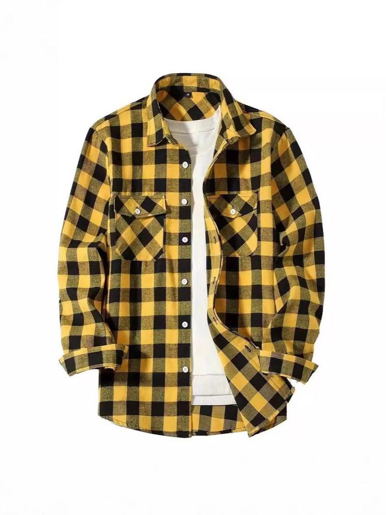 European Size Plaid Hooded Short-Sleeved Men's Cardigan Shirt with Double Pocket Flap