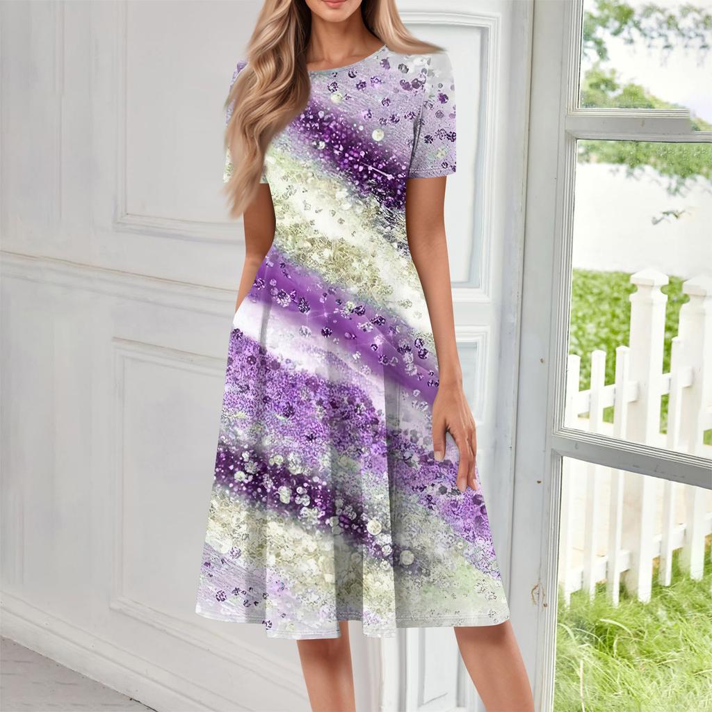 Женское повседневное платье с принтом, круглым вырезом и длинным рукавом