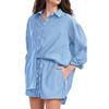 Women's Striped Suit Lapel Long Sleeve Shirt Loose Shorts Casual Two-piece Suit