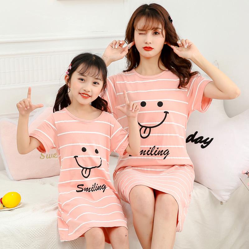 Girls' Summer Cartoon Short Sleeve Pajamas - Cute Parent-Child Cotton Nightdress
