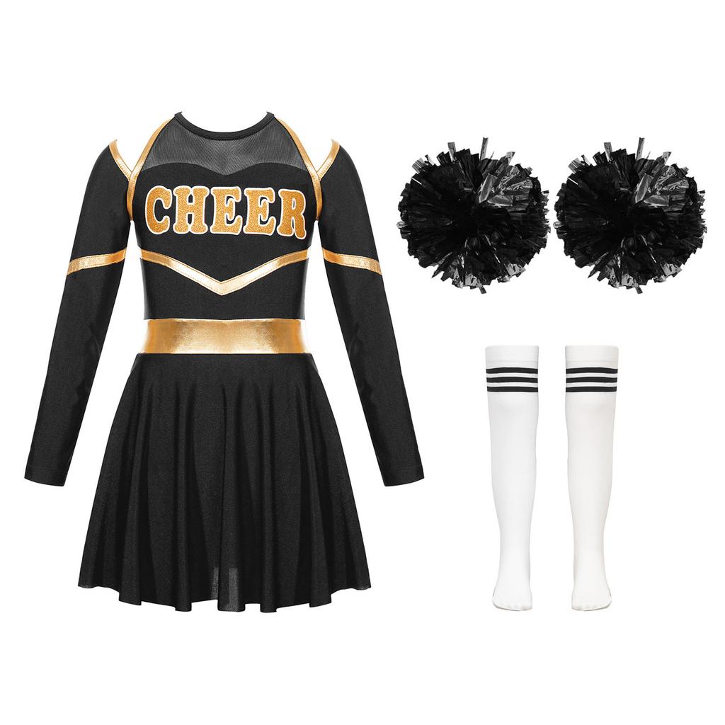 Girls Cheerleading Outfit Letter Print Off Shoulder Keyhole Back Long Sleeve Dress with Flower Balls Striped Socks