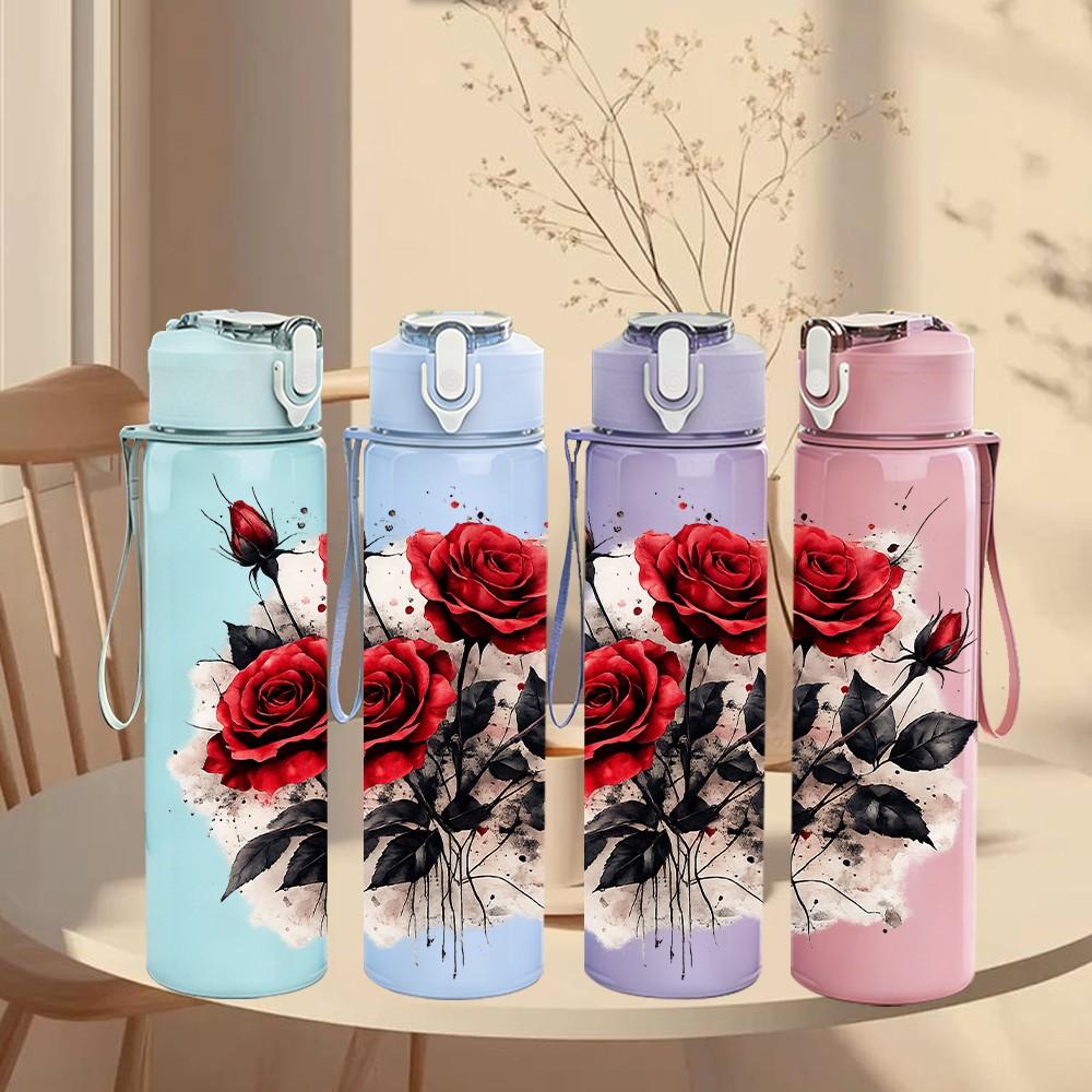 1PC Dark Red Rose Bouquet 750ml Color Plastic Sports Water Bottle Leakproof Flip Straw Lid Suitable for Sports Office Home Use