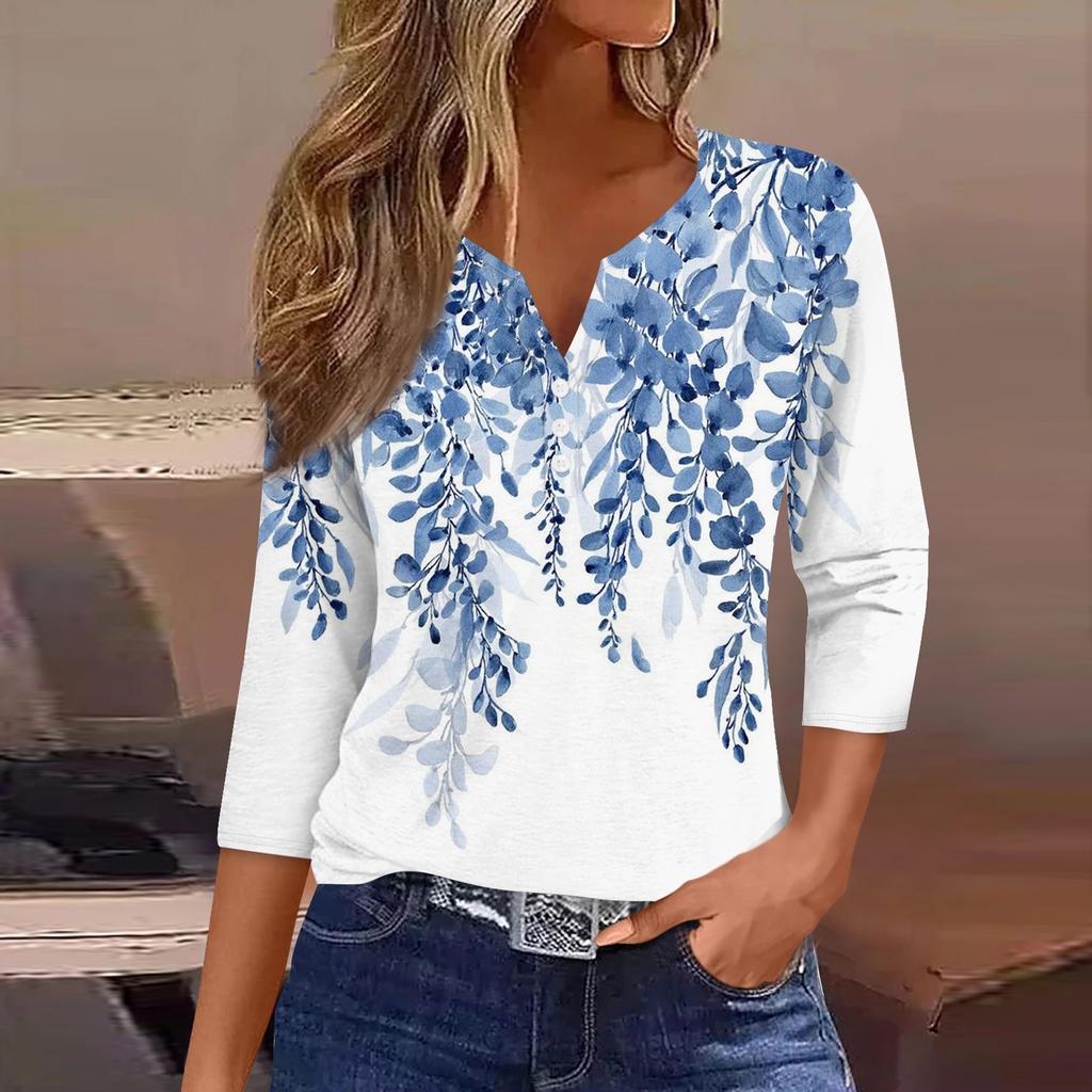 Жен. Футболка Футболка С принтом Пуговицы Рукав 3/4 Повседневные Выходные Мода Классический Классический V-образный вырез Обычный Верх