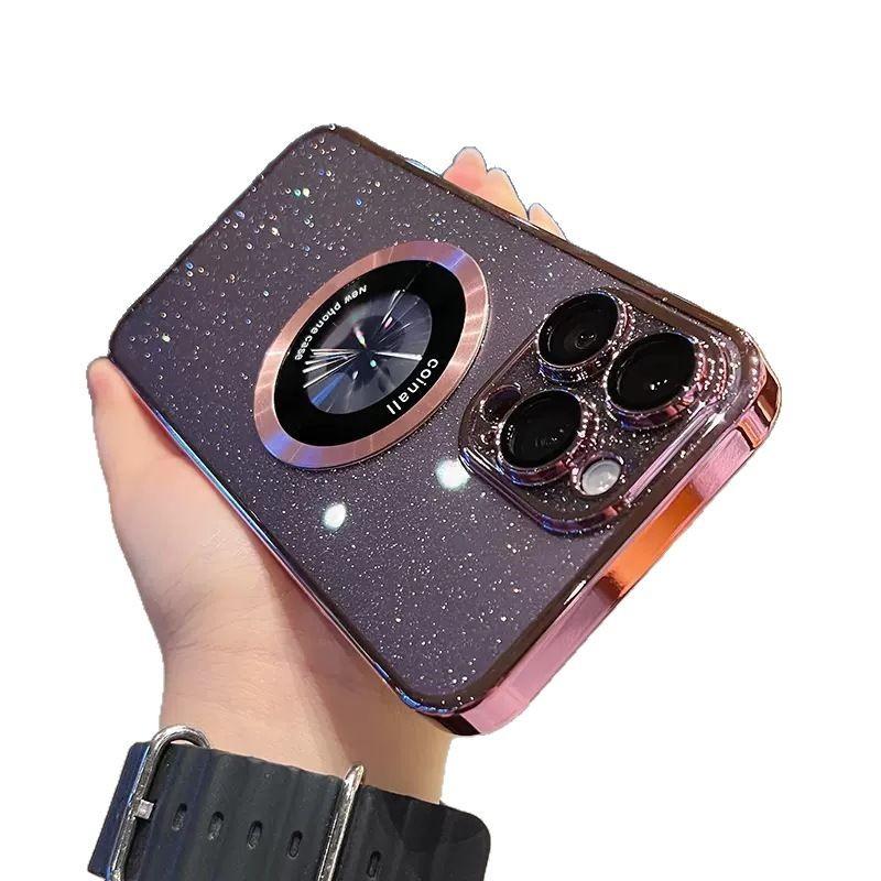 Подходит для IPhone16ProMax Магнитный чехол для телефона Гальванизированный Apple 15 Прозрачный 14 Звездное небо Блестящая пудра с защитной пленкой для объектива