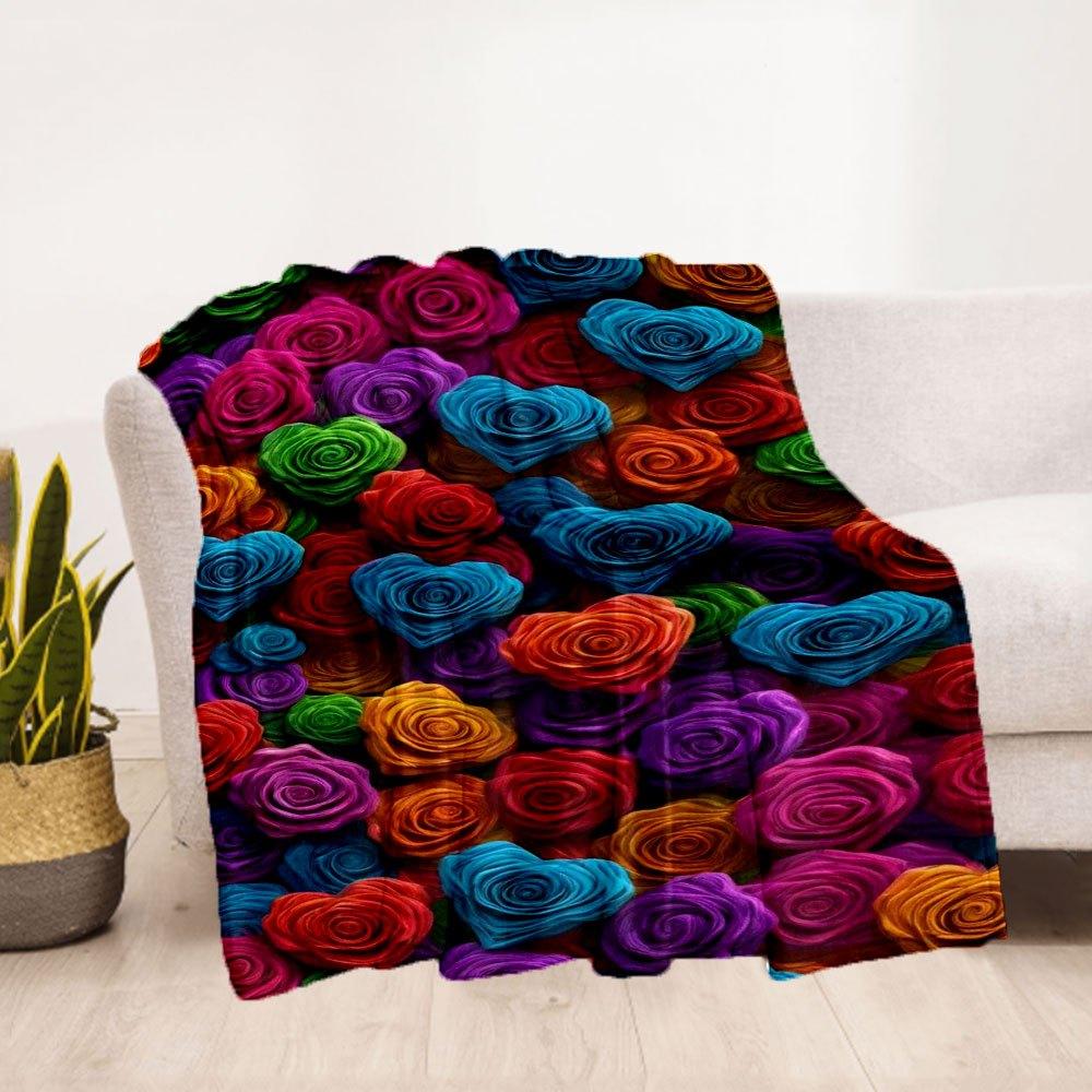 Colorful Rose Heart Fabric Print Upholstery MaterialBlanket Flannel Throw Blanket for Sofa, Bed, Travel, Camping, Office, Couch, Chair, And