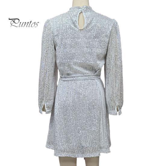 Женское платье со шнуровкой и блестками, короткое платье с круглым вырезом и длинными рукавами, однотонное весенне-осеннее платье с поясом на талии для вечеринок, свадеб, клубов, баров